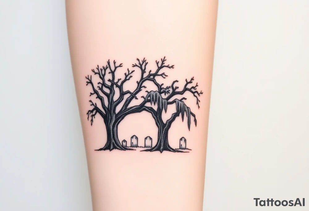 2 Oak trees with Spanish moss in a cemetery tattoo idea