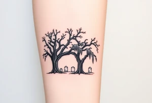 2 Oak trees with Spanish moss in a cemetery tattoo idea