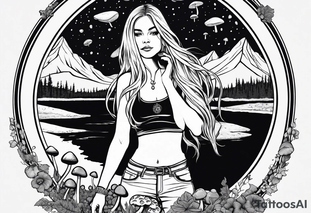Straight long blonde hair hippie girl in distance holding mushrooms in hand facing away toward mountains and creek surrounded by mushrooms tee shirt and hiking pants; whole rendering within a full circle, no cut off circle tattoo idea