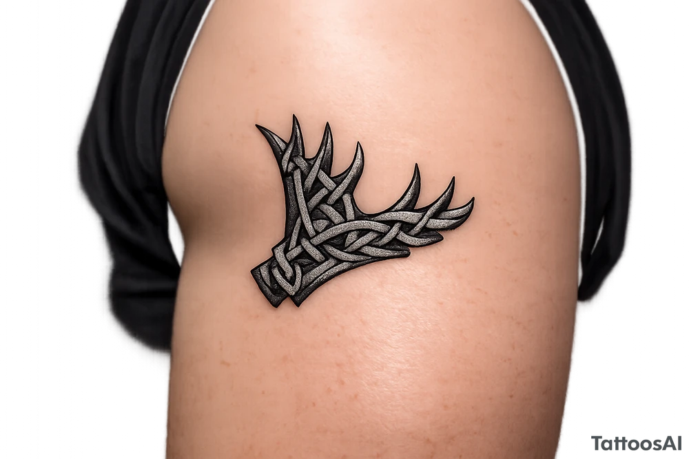 Caribou antler in Norse knot work open line concept stipple shading just one antler no background tattoo idea