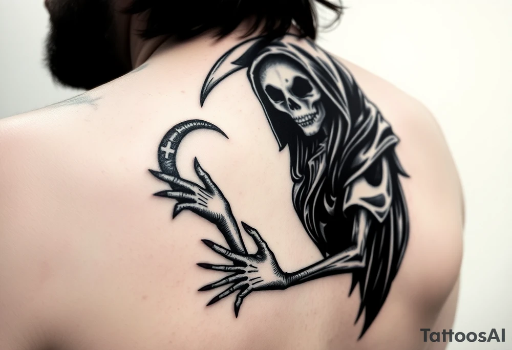 Grim reaper in love with sexy female demon tattoo idea
