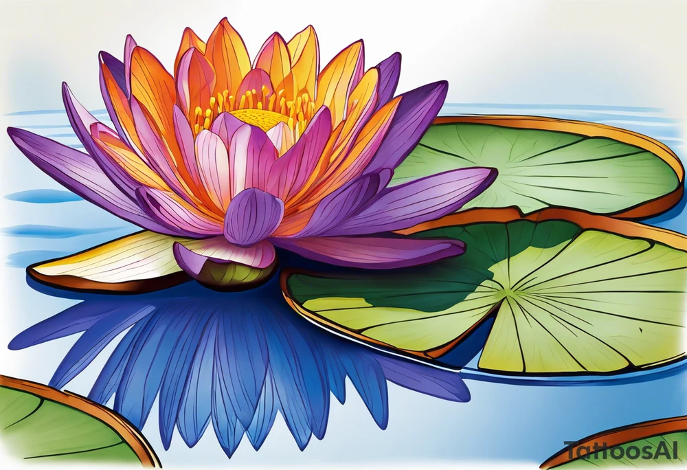 Design a tattoo Centerpiece: Blue and purple Water Lily: Place this at the center, its petals elegantly spread, symbolizing serenity. Place a blue butterfly resting on the waterlily Orange Marigold: Positioned to one side of and below the water lily, with vibrant petals, and a small bumblebee buzzing nearby. Purple Gladiolus: Tall and striking, place these on one side and above the water lily cascading slightly for a natural look. Purple Iris: Integrate these on the opposite side and above the water lily, their unique shape adding depth and contrast. Pink Rose: Position this slightly below the water lily with its delicate petals and gentle curves. Interweave around the water lily, Marigold and rose christmas holy vine with dark green leaves and red berries Vine and Leaves: Use flowing vines that interweave between the flowers, creating a cohesive look. Add leaves that vary in size and shape for a naturalistic tattoo idea