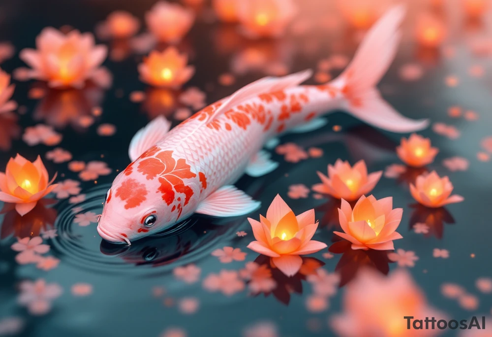 Pink Koi with Floating Lanterns – A soft pink koi surrounded by glowing orange paper lanterns on water, evoking peace, hope, and remembrance. tattoo idea
