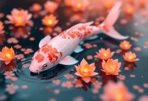 Pink Koi with Floating Lanterns – A soft pink koi surrounded by glowing orange paper lanterns on water, evoking peace, hope, and remembrance. tattoo idea