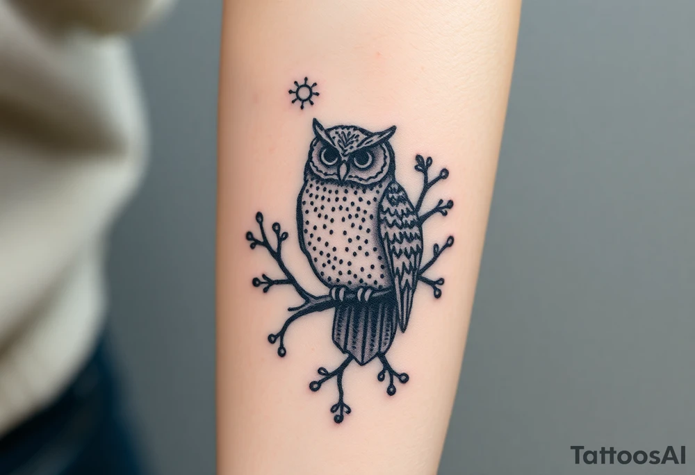 wise owl perched on ancient oak branch under starlit sky tattoo idea