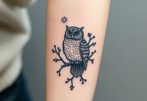 wise owl perched on ancient oak branch under starlit sky tattoo idea