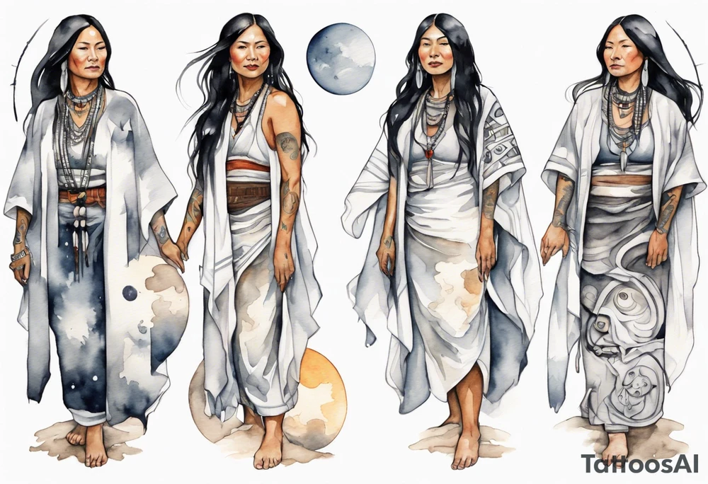 a watercolor of a beautiful 40-year-old Anishinaabe woman wearing black and white robes standing on the moon tattoo idea