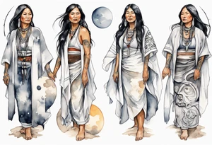 a watercolor of a beautiful 40-year-old Anishinaabe woman wearing black and white robes standing on the moon tattoo idea