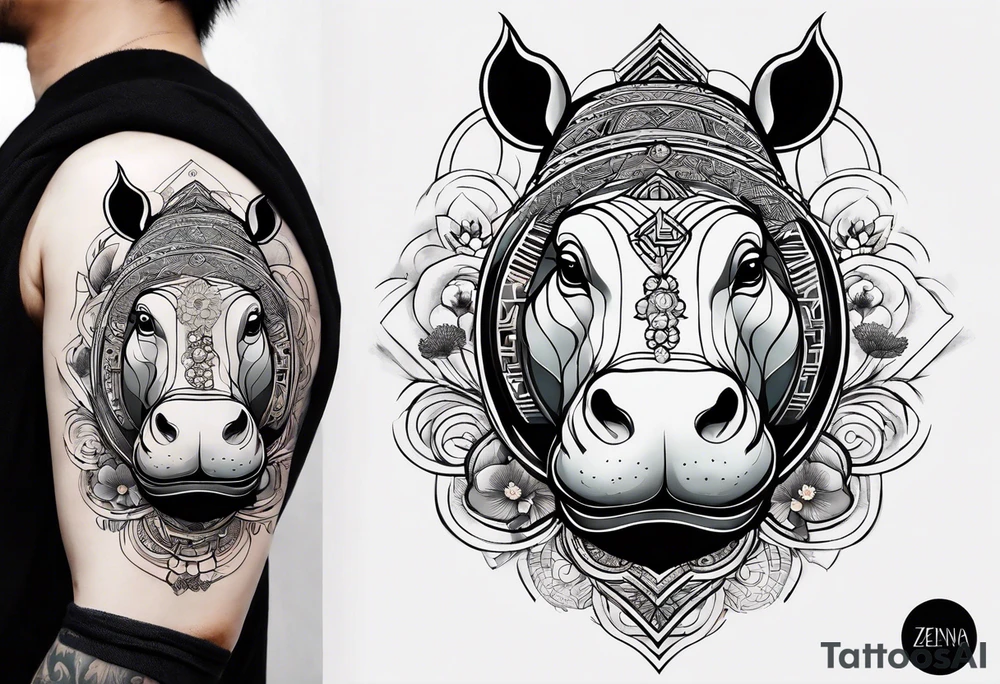 Very asymmetrical, +geometric pattern, with realistic full moon, with serious looking hippo, +zen feel, + Buddhism touch, +tribal, +geometric, +chinese inkart 
with wintersweet flower bud, +portrait orientation, +inkart touch, tattoo idea