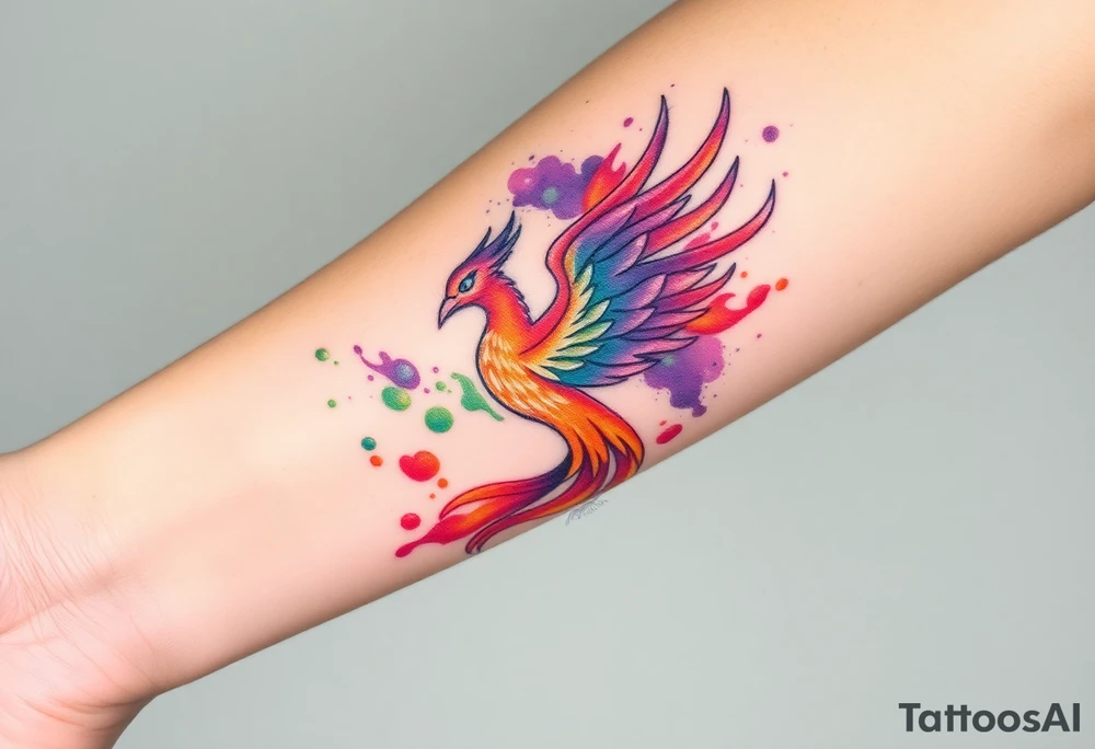 Phoenix with blazing flames with purple and green splashes surrounded by fire tattoo idea