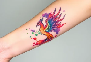 Phoenix with blazing flames with purple and green splashes surrounded by fire tattoo idea