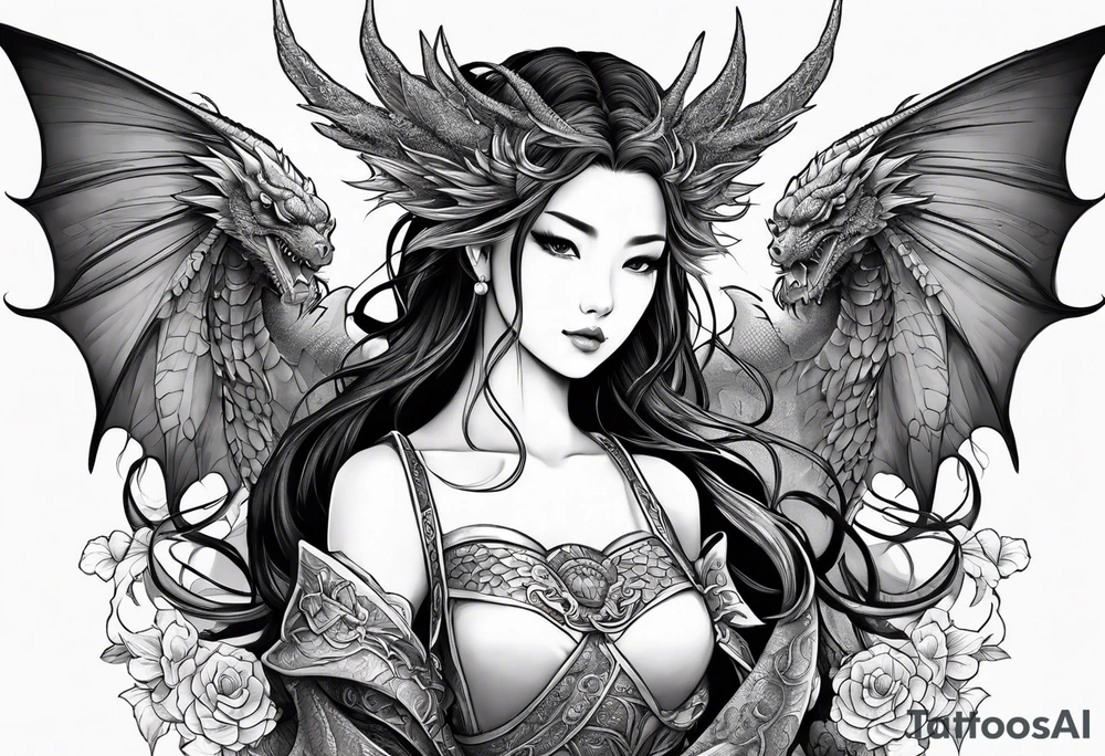 beautiful warrior nymph with dragon wings and a dragon friend tattoo idea