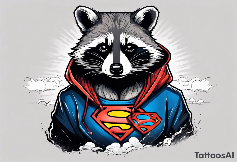 Raccoon wearing a white Superman logo on a black hoodie tattoo idea