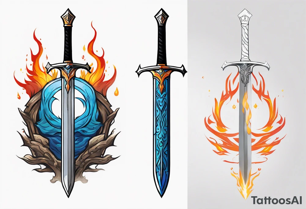 refined, detailed drawing of the Master Sword with the blade partially wrapped in ethereal elemental symbols: flames licking up one side, water flowing down the other, roots climbing the hilt, and wind swirling around the tip. The elements are subtly integrated, creating a harmonious design. tattoo idea