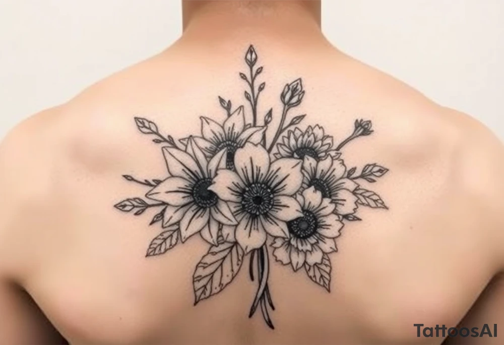 vintage bouquet of star gazer lillies and wild roses sunflowers with morning dew tattoo idea