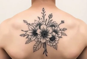 vintage bouquet of star gazer lillies and wild roses sunflowers with morning dew tattoo idea