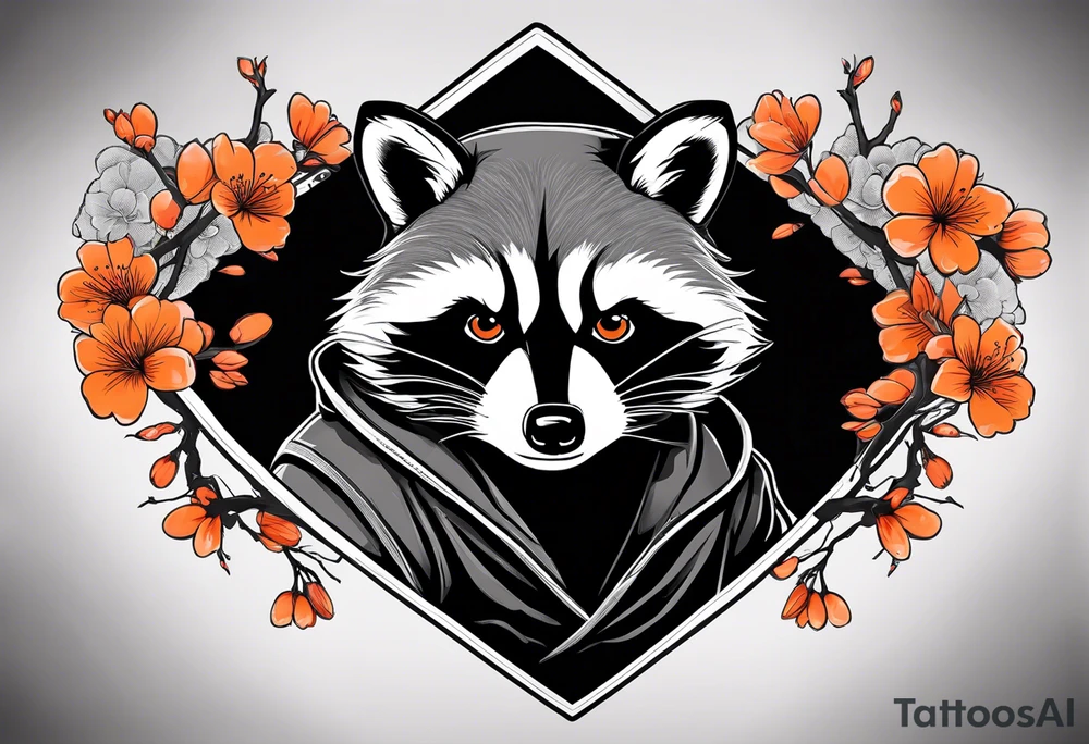 Raccoon wearing a white Superman logo on a black hoodie and orange Japanese cherry blossoms beside tattoo idea