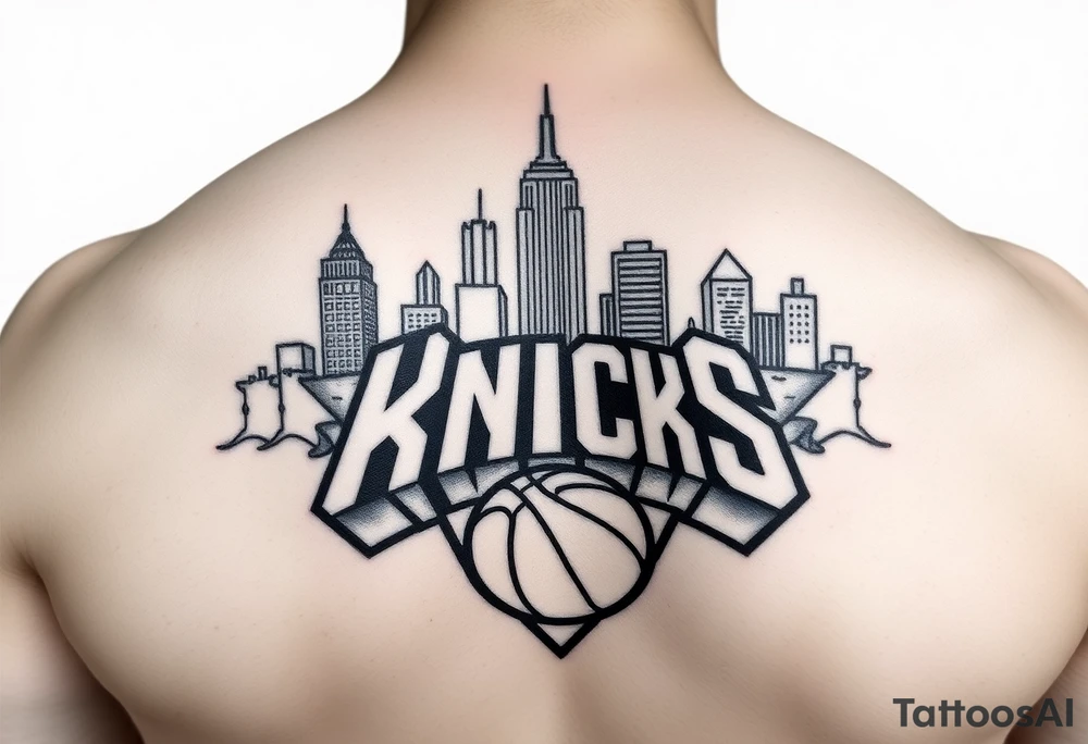 Photo realistic, New York City cityscape with New York knicks logo tattoo idea