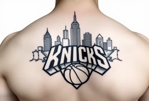 Photo realistic, New York City cityscape with New York knicks logo tattoo idea