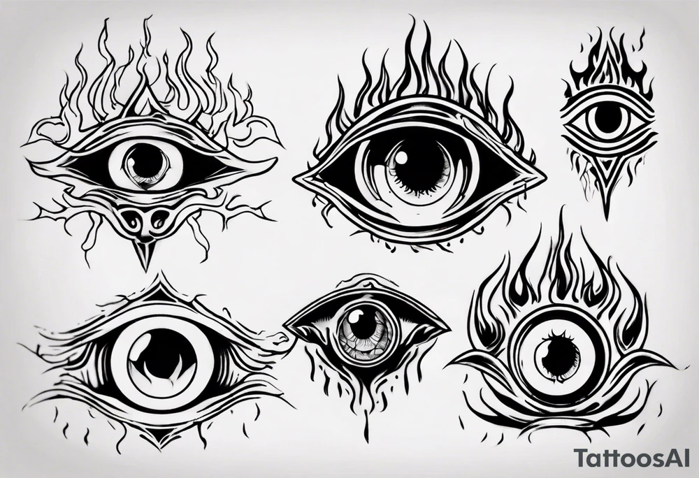 Creepy eye with flames tattoo idea