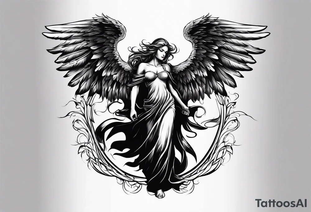 angry angel in black standing tattoo idea
