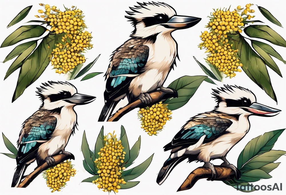 kookaburra sitting on wattle leaves tattoo idea