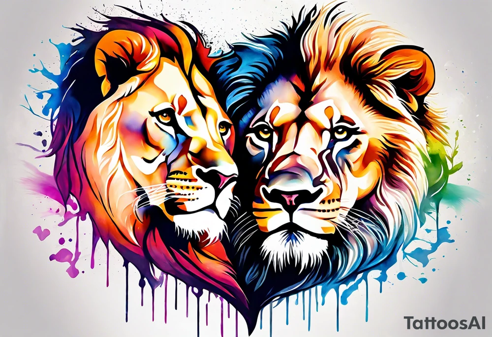 Water Colour splash back. Male and Female. Lions. Power and love. One protecting the other tattoo idea
