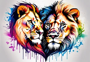 Water Colour splash back. Male and Female. Lions. Power and love. One protecting the other tattoo idea