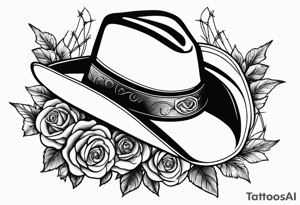Country acoustic guitar with cowboy hat, barbed wire and roses in background tattoo idea