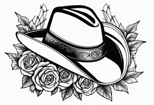 Country acoustic guitar with cowboy hat, barbed wire and roses in background tattoo idea