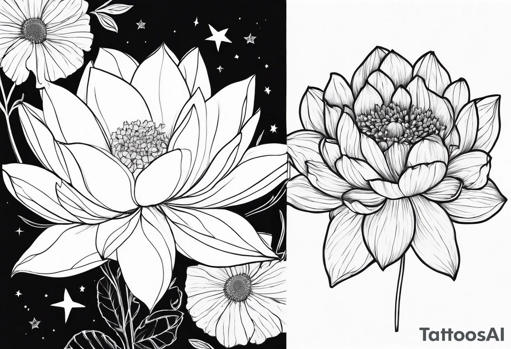 Lotus, marigold, Dahila, snapdragon. Stars in background tattoo idea