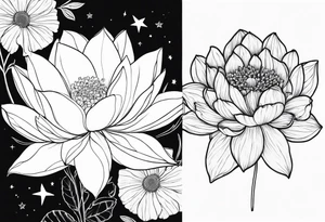 Lotus, marigold, Dahila, snapdragon. Stars in background tattoo idea