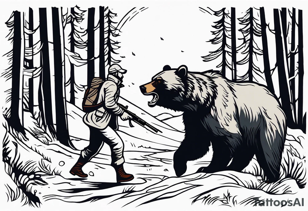 Hunter in the woods being attacked by a bear tattoo idea