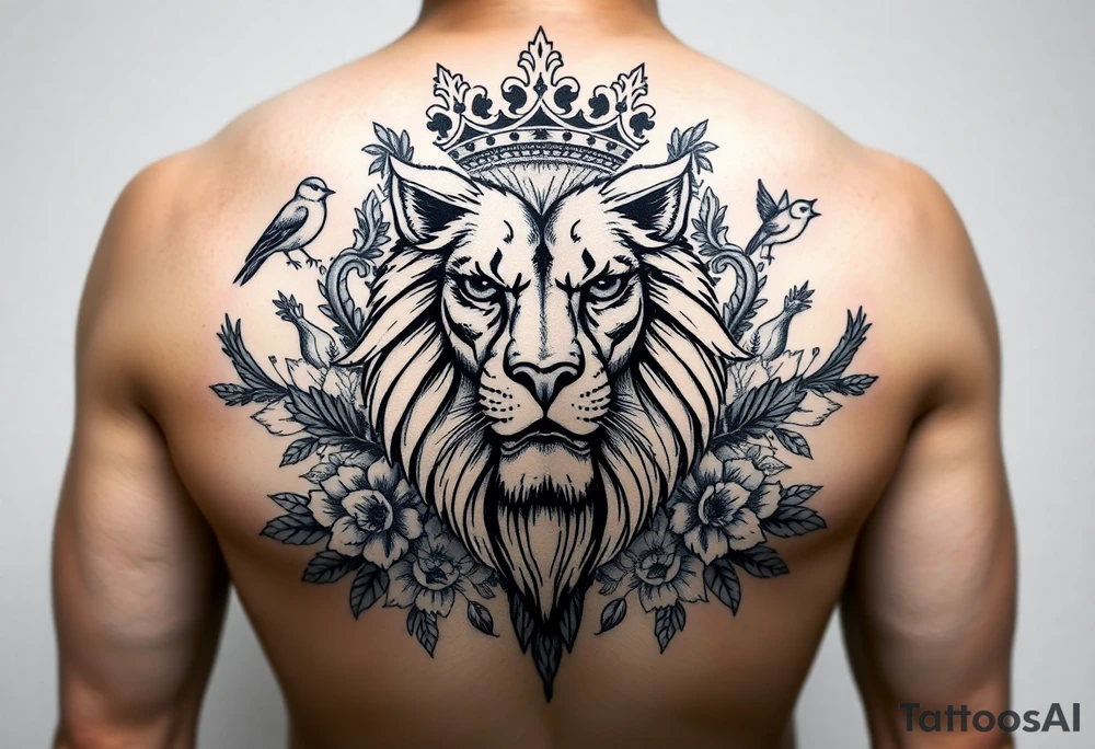 powerful majestic lion with a crown, surrounded by floral ornaments and birds tattoo idea
