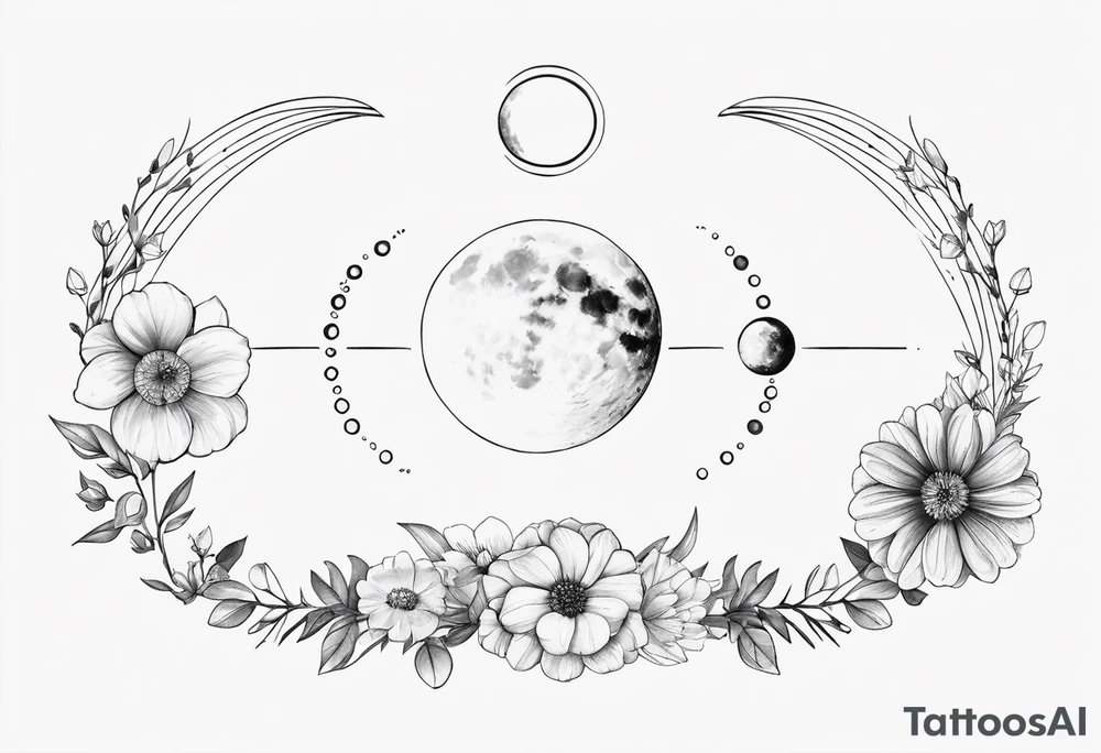 Moon phases in horizontal line, crystal, floral back of neck tattoo idea