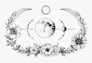 Moon phases in horizontal line, crystal, floral back of neck tattoo idea