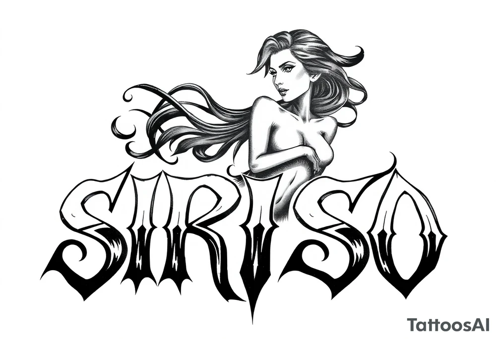 Abstract Tribal font saying “SIRISO” with all letters close together and the S in SIRISO connected to the O and a silloute of a sexy woman on top of the words tattoo idea