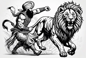 Sikh warrior fighting a lion with full anger tattoo idea