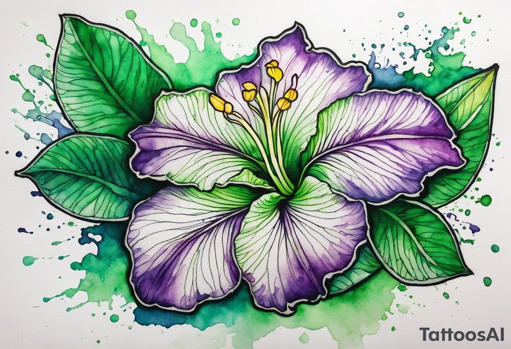 An outline of an only green rio dipladenia flower and a green and purple watercolor splash in the background tattoo idea