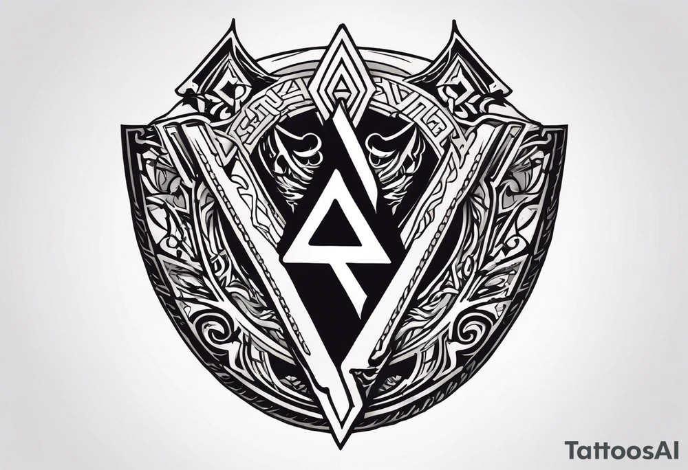 Valhalla sword shield axe Valknut fog tattoo idea