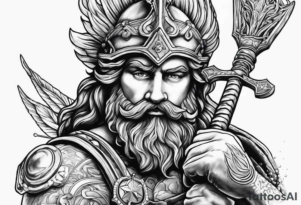 Scuba diver holding a trident of Poseidon tattoo idea