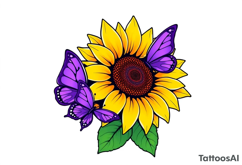 Sunflower with purple butterflies on side tattoo idea