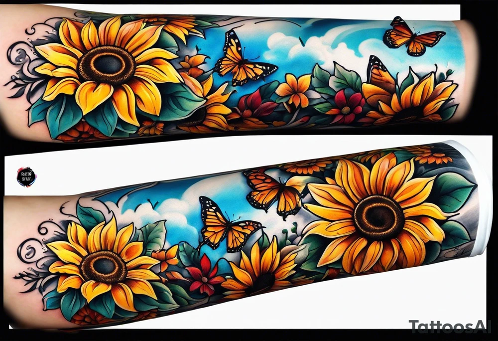 Arm sleeve with sunflowers and butterflies tattoo idea
