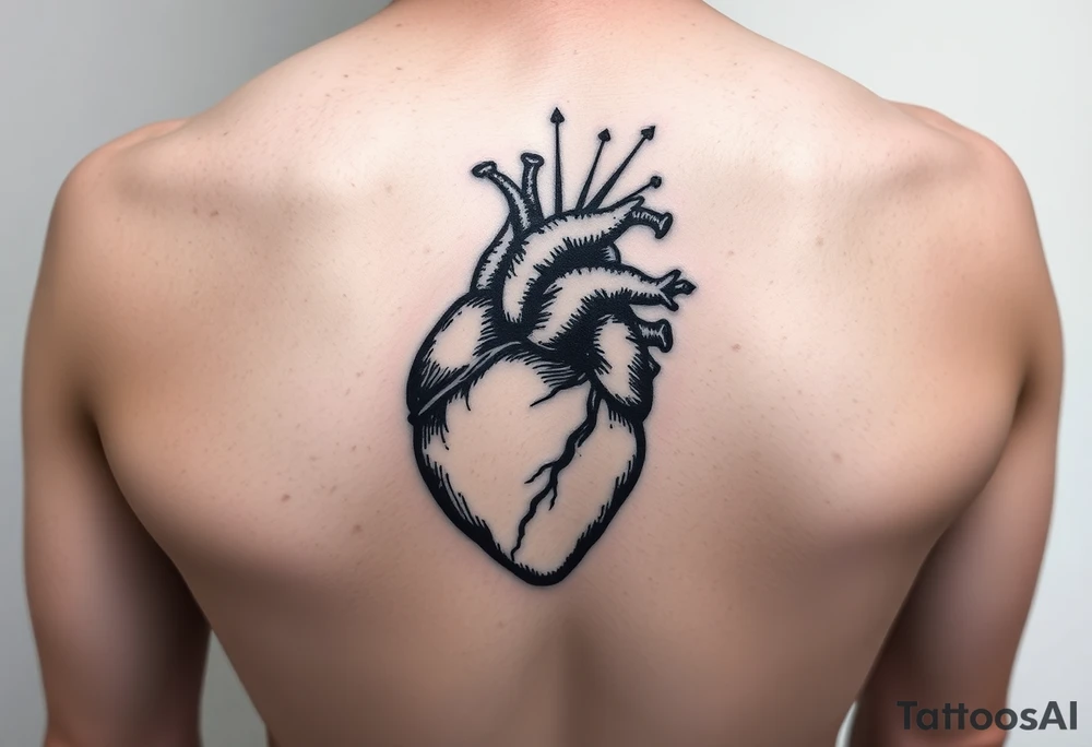 woodcut realistic human heart etching tattoo high detail anatomy with lines coming off of it like a nautical compass tattoo idea
