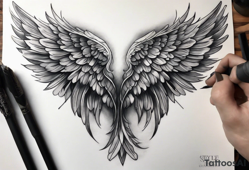 Realistic angel wings extending from a mens shoulders, covering the upper arms and upper back. The feathers are intricately detailed, with soft shading in black and gray to create depth and texture. The wings gently converge in the middle of the back, forming a harmonious and cohesive design. tattoo idea