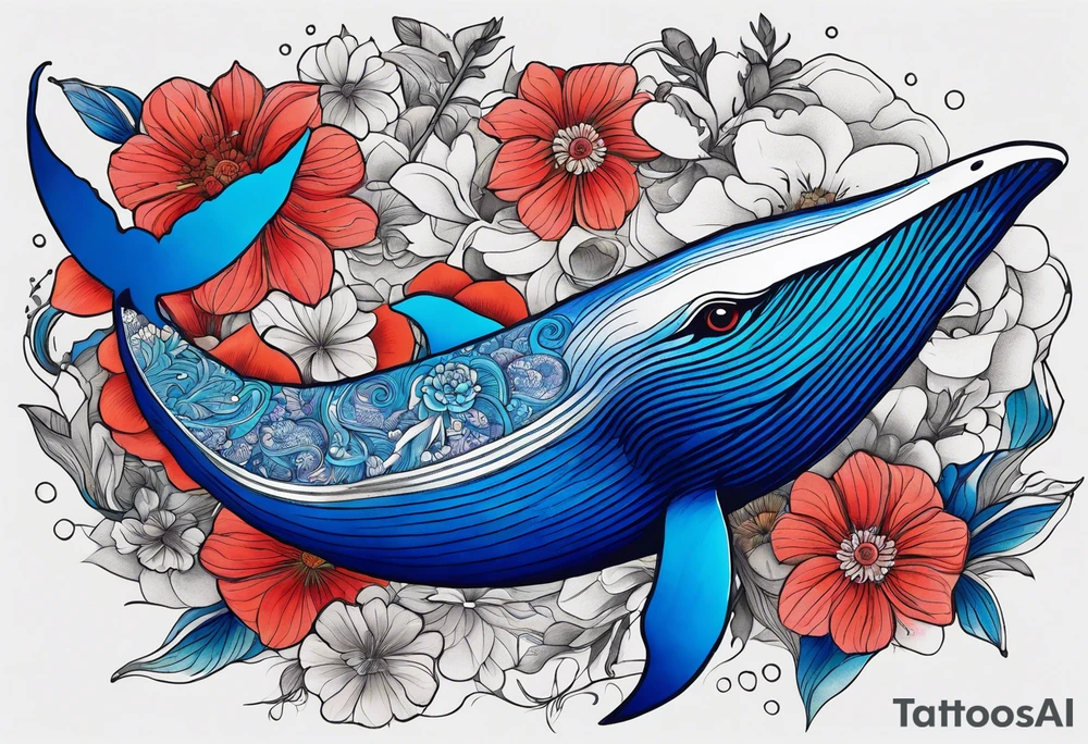 Surrealism, blue whale, hummingbird, gray lady face, flowers, bold color, collage tattoo idea