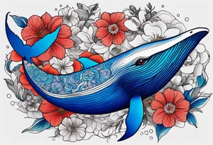 Surrealism, blue whale, hummingbird, gray lady face, flowers, bold color, collage tattoo idea