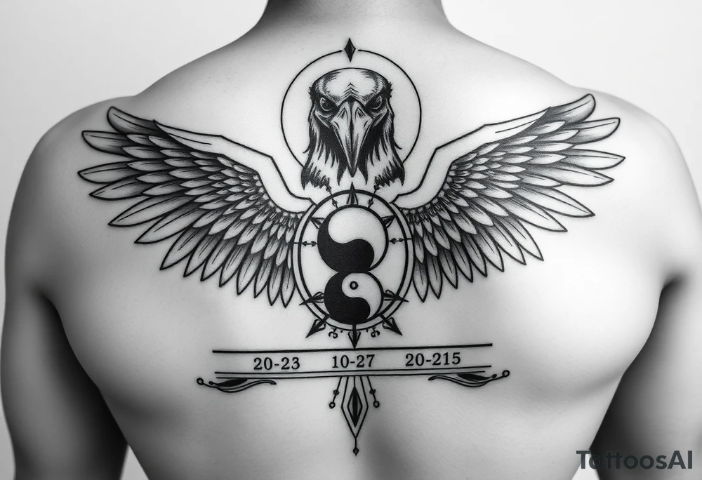 Create a detailed upper back tattoo design featuring a central figure with a crow head facing forward, a human body, and two symmetrical angel wings extending outward. The design should include geometric elements like circles and lines, a yin-yang symbol in the center, and text or numbers resembling coordinates or dates along a horizontal line. Use a grayscale style with intricate shading, ensuring a balanced and bold composition. Avoid side profiles for the crow head, keeping it directly forward tattoo idea