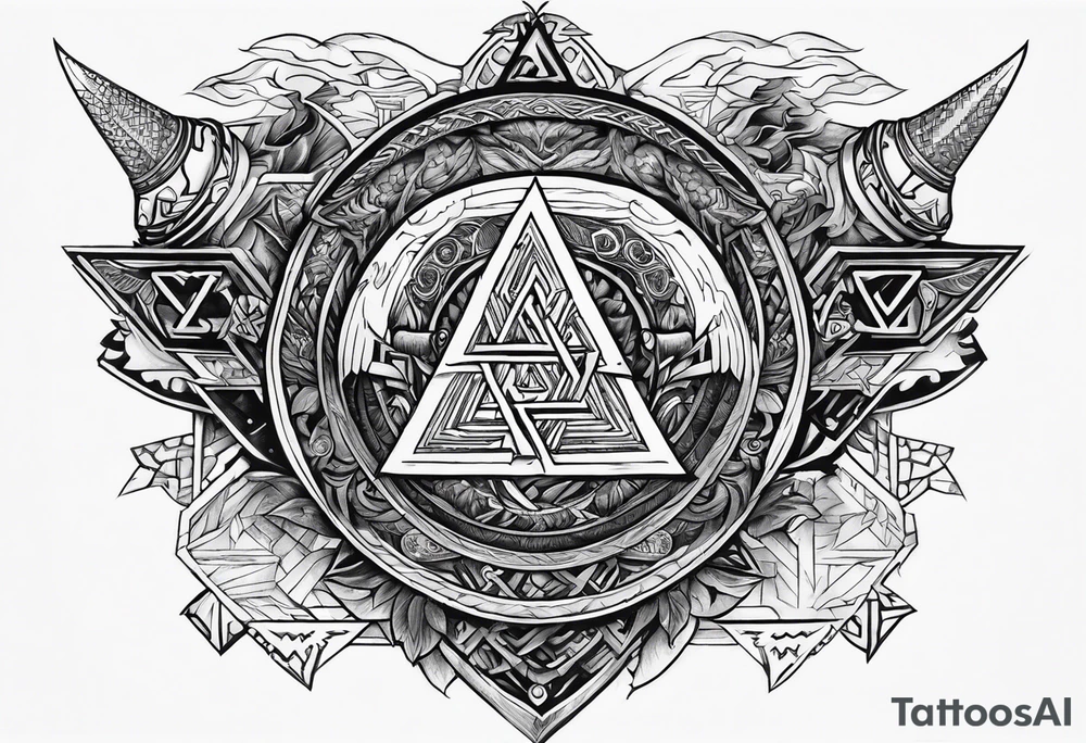 Valhalla sword shield axe Valknut fire tattoo idea