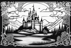 Fairytale castle in landscape, more black, less detailing, engraiving, etching. No shades, no gray, black and white only tattoo idea